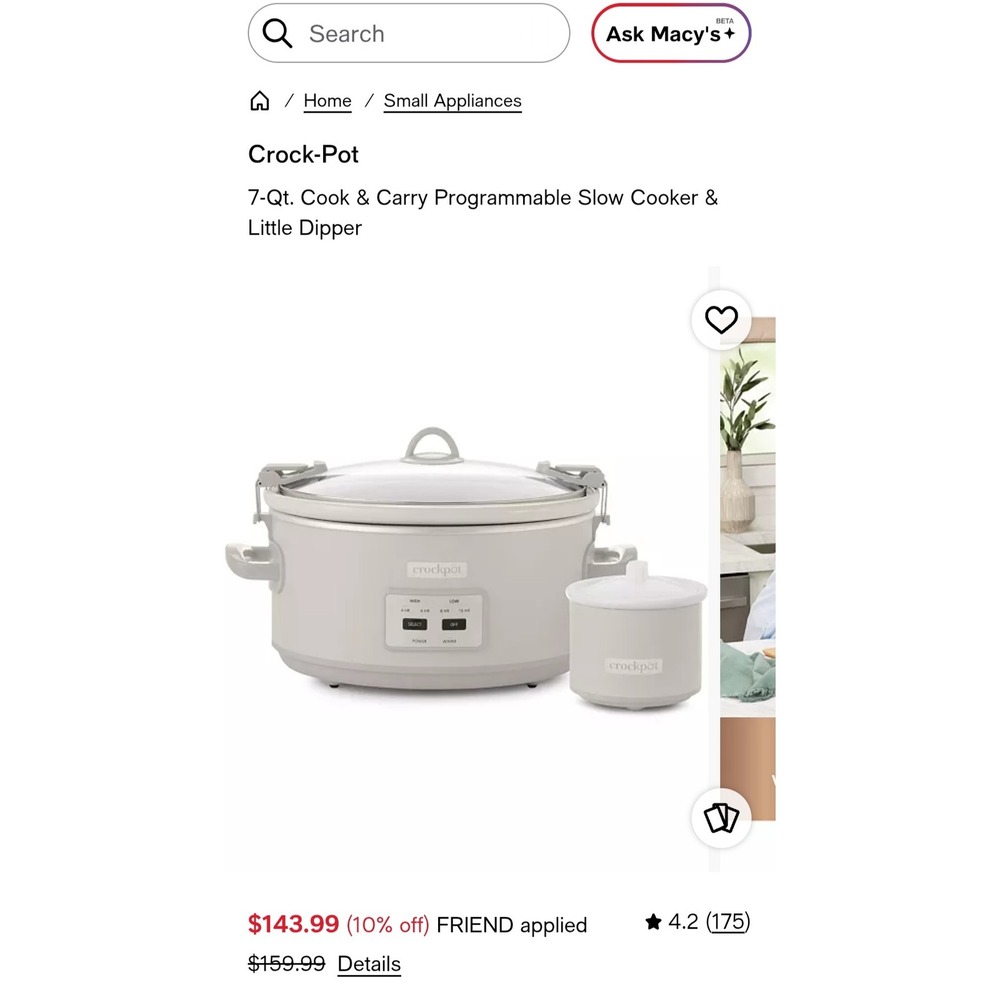 Crock-Pot Cook & Carry 7QT Slow Cooker Mushroom Matte with Little‎ Dipper Warmer